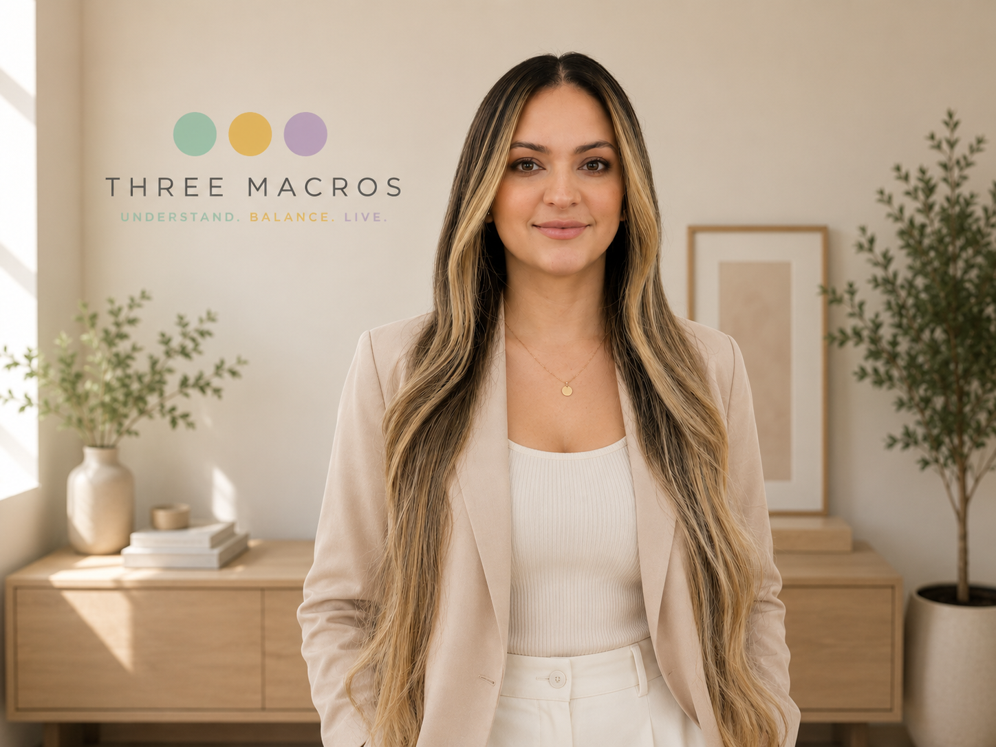 Founder of Three Macros standing beside the Three Macros logo